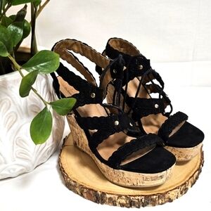 Qupid Black Cork Wedge Lace-Up Sandals Size 7